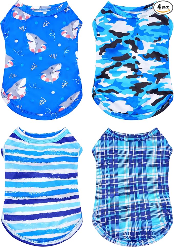 PET SHOW 4 Pack Paw Bone Printed Dog Clothes Shirts Soft Vest Lightweight Sleeveless Cats Doggies T-Shirts Puppies Tank Top Tee for Small Medium Dogs White Black Pink Blue (Large, Blue for Boys)