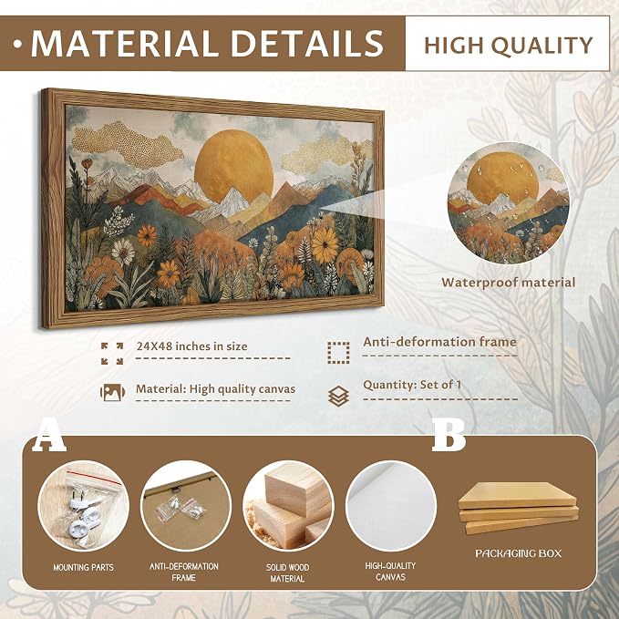 Framed Boho Landscape Large Wall Art, Abstract Sun Mountain Canvas Wall Decor Painting, Modern Floral Botanical Aesthetic Poster Print Picture for Living Room Bedroom Home Office 24x48 Inch