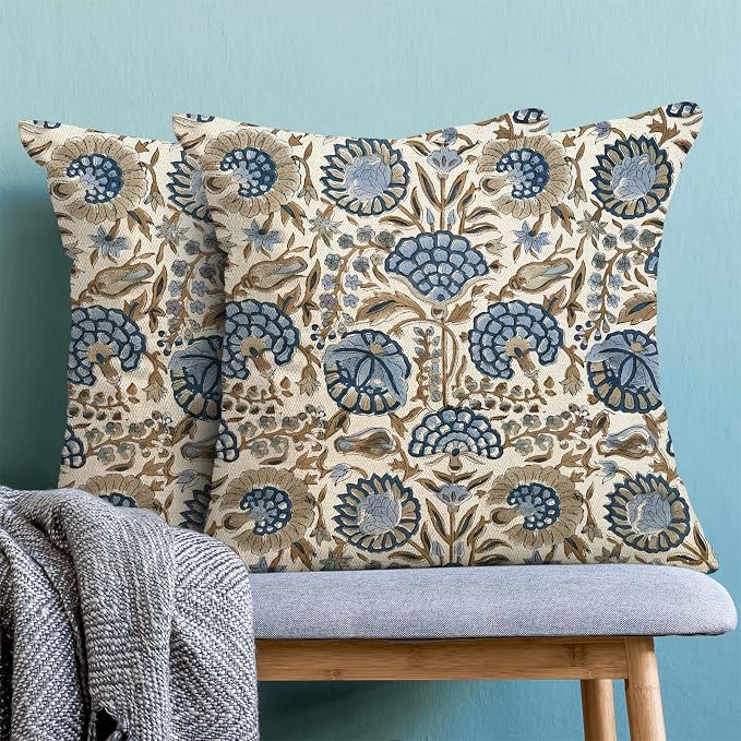 Block Print Pillow Covers 18x18 Inch Pack Of 2 Boho Blue Brown Floral Decor Throw Pillow Covers Spring Summer Flower Pillowcase Outdoor Farmhouse Decorative Square Cushion Cover for Home Couch