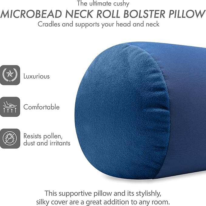 Microbead Bolster Neck Roll Pillow, Gently On Body, Head, Neck & Shoulders No Pain Rest, Relax Sleep - Silky Feel Prevent Wrinkles & Hair Breakage - Lightweight Cylinder Tube, 14" x 8", Peacock Blue