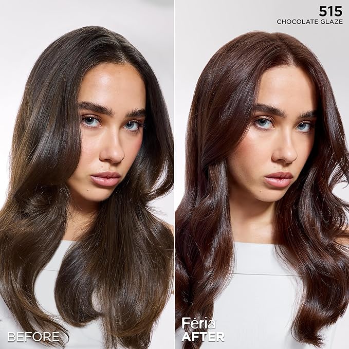 L'Oreal Paris Feria Multi-Faceted Shimmering Permanent Hair Color, High Intensity Hair Dye for 3X Highlights, 515 Chocolate Glaze, 1 Kit