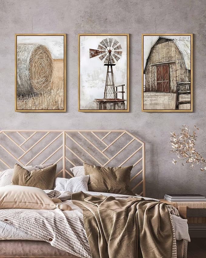 Drsoum Farmhouse Wall Art Vintage Rustic Windmill Barn Cornfield Pictures Framed Painting Landscape Countryside Rural Canvas Artwork Home Decor Ready to Hang 16x24in - Natural Framed
