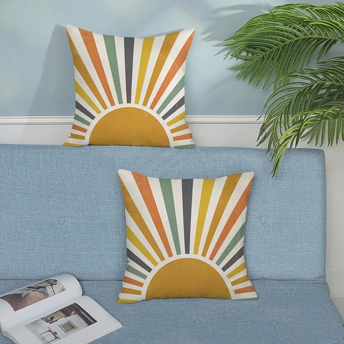 Boho Pillow Covers 20x20 Set of 2 Stripes Colorful Yellow Sunshine Decorative Pillow Cases Summer Rainbow Sun Outdoor Cushion Cover Cute Farmhouse Linen Decor Throw Pillows for Couch Sofa