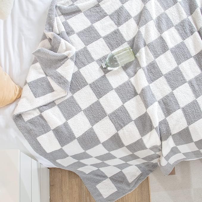 SeaRoomy Fuzzy Checkered Throw Blanket for Couch,Light Grey 60"X79" | Warm,Cozy,Fluffy,Lightweight,Gift for Women Couch Sofa Bed Room Decor