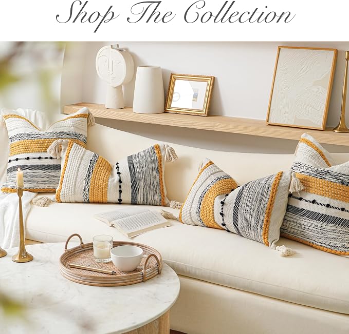 Decorative Lumbar Throw Pillow Cover 14x24 Boho Yellow Mustard Accent Cushion for Couch Sofa Farmhouse Pillowcase for Bedroom Living Room Home Décor Cover ONLY