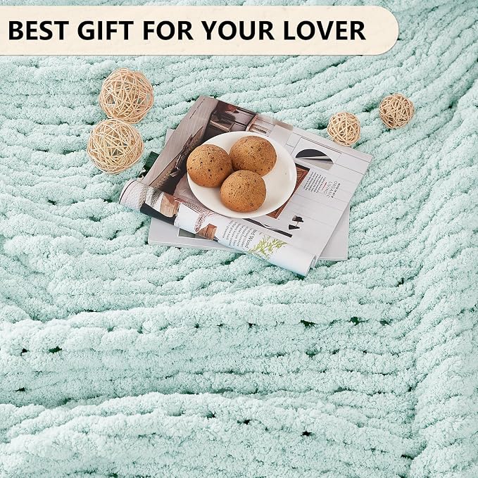 L'AGRATY Chunky Knit Throw Blanket for Couch, 60 x 80 Inches, Mint Green | Handmade Chenille Crochet Blanket for Sofa Bed, Thick Cable Knitted Blankets for Room Home Decor, Birthday Gift for Women Mom