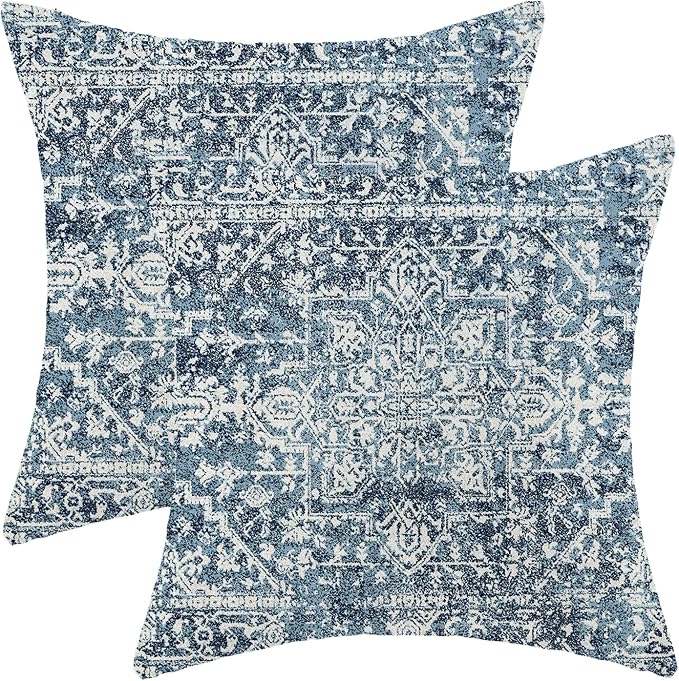 AEIOAE Boho Pillow Covers 18x18 Inch Set of 2,Carpet Pattern Throw Pillows Case,Navy Blue Ethnic Design Outdoor Decorative Square Linen Farmhouse Decor Cushion Covers for Home Sofa Bed Couch