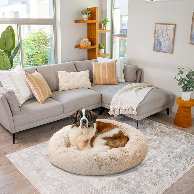 Best Friends by Sheri Original Calming Donut Dog Bed, Taupe, XL, 45" | Machine-Washable Cover, Shag Faux Fur, Orthopedic Support, Sense of Security, Water-Resistant Base, XL Dogs Up to 150 lbs
