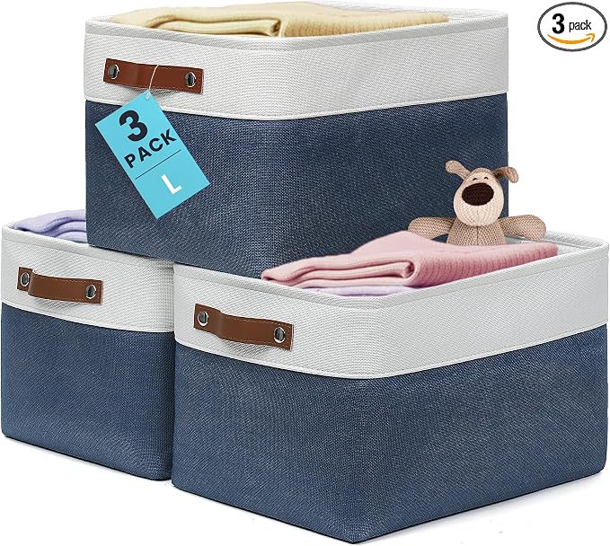 OrganiHaus 15x11in Canvas Storage Baskets 3 Pack - Fabric Bins for Shelves | Vegan leather handles; a decorative closet organizer for clothes, shoes, or toys; bedroom container