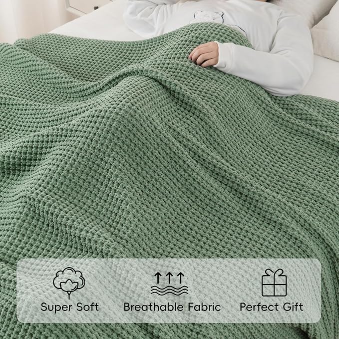 Sage Green Waffle Knit Throw Blanket for Couch, Chenille Blanket 50x60 in | Chunky Knitted Blanket, Soft Green Throw Blanket for Home Decor, Sofa, Spring, Modern Farmhouse Blanket Throw