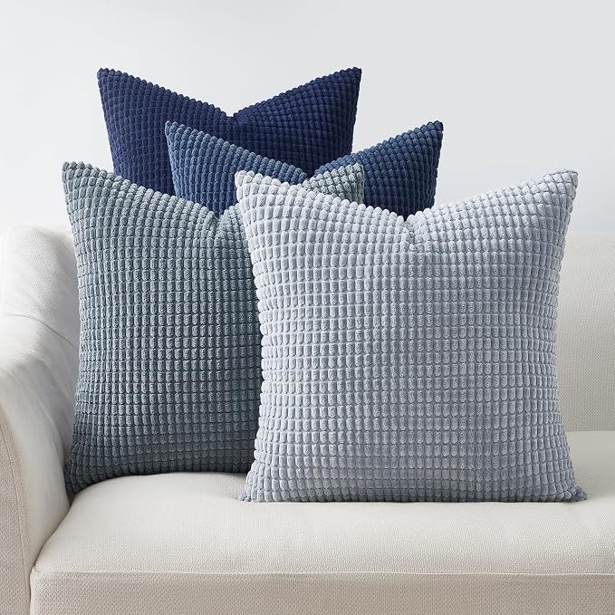 Topfinel Summer Throw Pillow Covers 20x20 Inch Set of 4,Blue Corduroy Decorative Cushion Cover,Modern Unique Pillow for Couch,Sofa,Living Room,Dark Blue Big European Pillow Shams