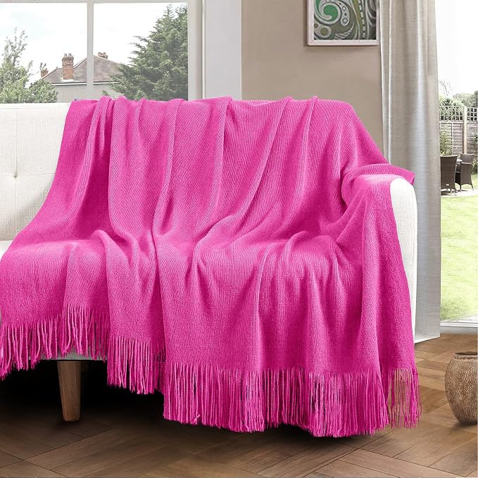 Vonty Hot Pink Knitted Throw Blanket with Tassels Fringe, 50x60 Acrylic | Super Soft And Lightweight, Year-Round Cozy Warmth, Farmhouse Decorative Style, Machine Washable, for Couch, Sofa or Bed