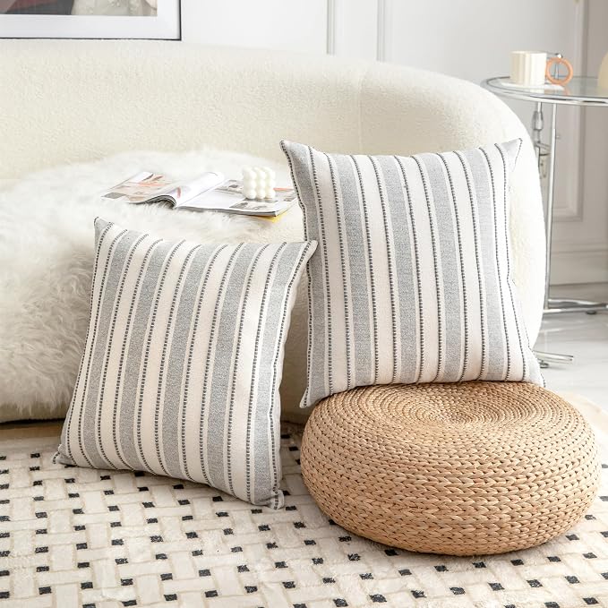 Cethom Decorative Boho Throw Pillow Covers, Farmhouse Textured Pillow Case, 22 x 22 Inch Set of 2, Chair Sofa Bedroom Living Room Home Decor Couch Cushion Case, Grey and Beige Striped