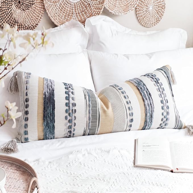PANOD Boho Long Lumbar Throw Pillow Cover 14 x 36 Grey, Chenille Morocan Extra Long Pillow Case Cover, Decorative Long Pillow for Bed Couch Sofa Farmhouse