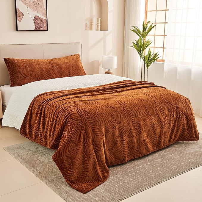 Super Soft Flannel Fleece Fall Bed Blanket, 90 x 90 Inches, Caramel | Lightweight Cozy Warm Leaves Textured Plush Blanket as Bedspread Coverlet Bed Cover for All Seasons