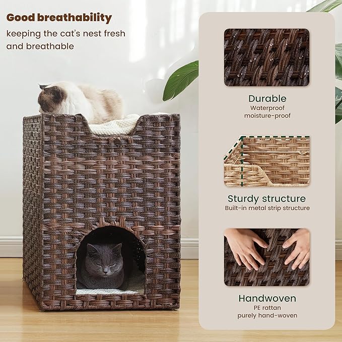 Cat Bed for Indoor Cats, a Stylish Cat Hideaway & Cat House - Handwoven Rattan Cat Cave Bed with Soft Cushion, Foldable Cat Cubes for Indoor Cats, Sturdy Cat Perch & Furniture Coffee Brown