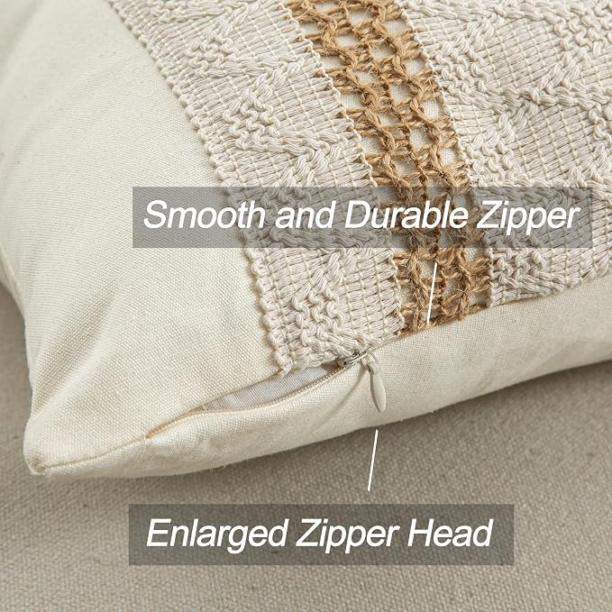 Throw Pillow Covers 20 x 20 Inch 1PC for Farmhouse Living Room, Cotton & Burlap Textured Striped Woven Boho Pillow Covers (Beige & Brown, Triple Striped)