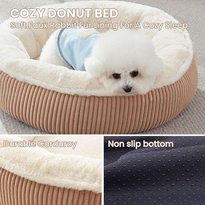 23 inches Calming Donut Dog Bed for Small Dogs,Brown | Round Puppy Pet Bed with Removable&Washable Cover,Plush Faux Fur & Corduroy, Fits Pets up to 15 lbs