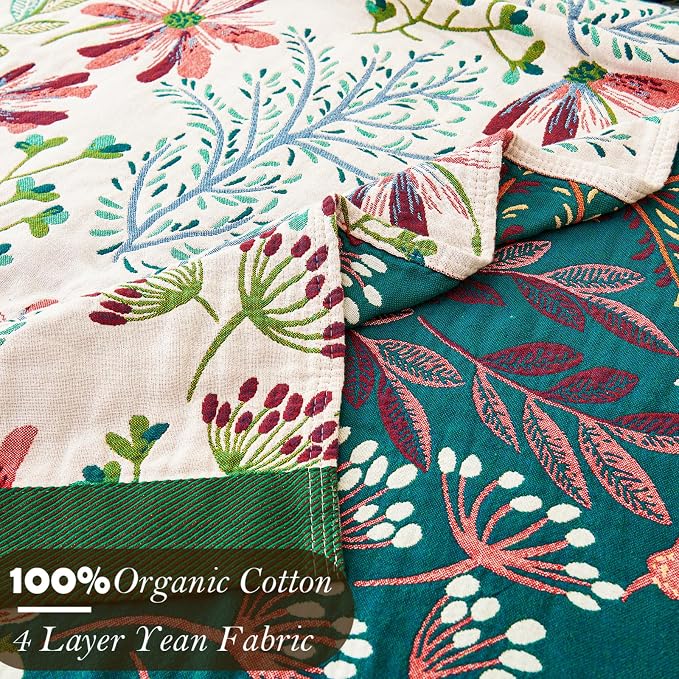 VANJOROY Boho Throw Blanket, 100% Organic Cotton Breathable Ultra Soft 91" x 108" King Bed Quilt Throw - All Season Floral Rustic Farmhouse Decor Luxury Blanket for Sofa Couch Chair and Gift
