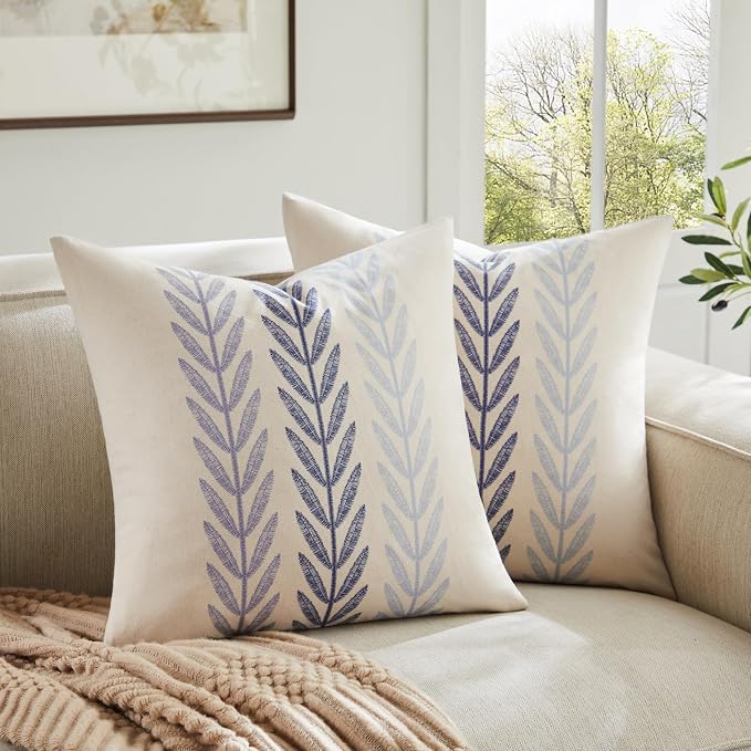 Farmhouse Leaves Throw Pillow Covers Set of 2, 24x24in Mixed Blue | 100% Organic Cotton, Rustic Accent Print Pillow Case, Pastoral Decorative Cushion Covers for Sofa Bed Living Room Home Decor
