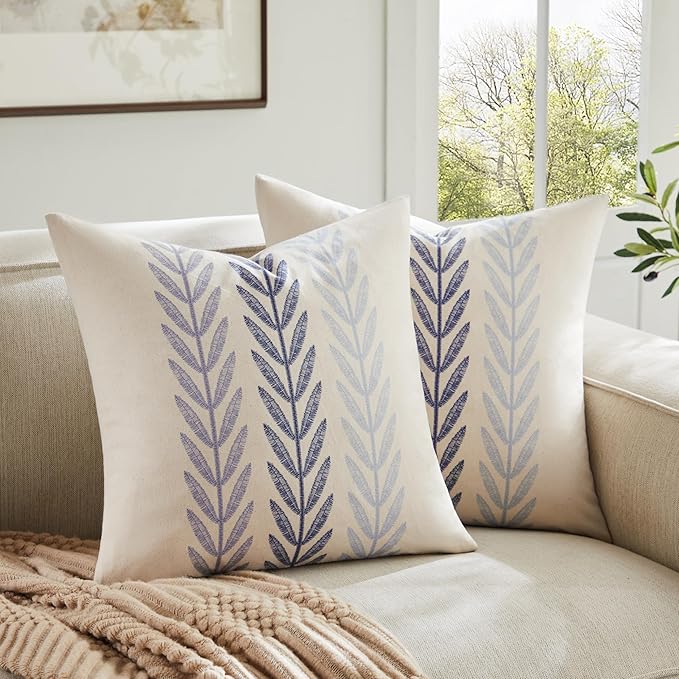Farmhouse Leaves Throw Pillow Covers Set of 2, 22x22in Mixed Blue | 100% Organic Cotton, Rustic Accent Print Pillow Case, Pastoral Decorative Cushion Covers for Sofa Bed Living Room Home Decor