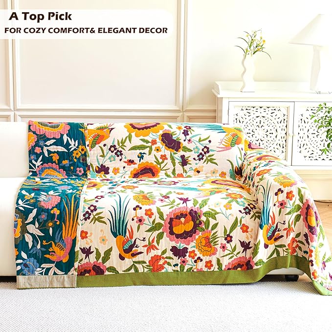 VANJOROY Boho Throw Blanket, 100% Organic Cotton Breathable Ultra Soft 91" x 98" Bed Quilt Throw - All Season Floral Rustic Farmhouse Decor Luxury Reversible Blanket for Sofa Couch Chair and Gift