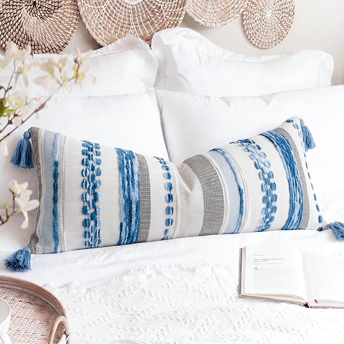 PANOD Boho Long Lumbar Throw Pillow Cover 16 x 36 Blue, Chenille Morocan Extra Long Pillow Case Cover, Decorative Long Pillow for Bed Couch Sofa Farmhouse