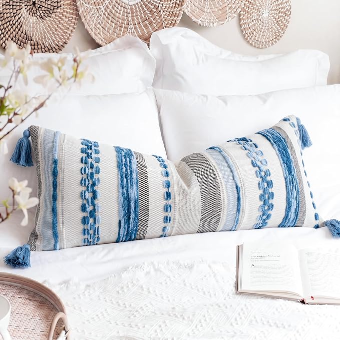 PANOD Boho Long Lumbar Throw Pillow Cover 14 x 36 Blue, Chenille Morocan Extra Long Pillow Case Cover, Decorative Long Pillow for Bed Couch Sofa Farmhouse