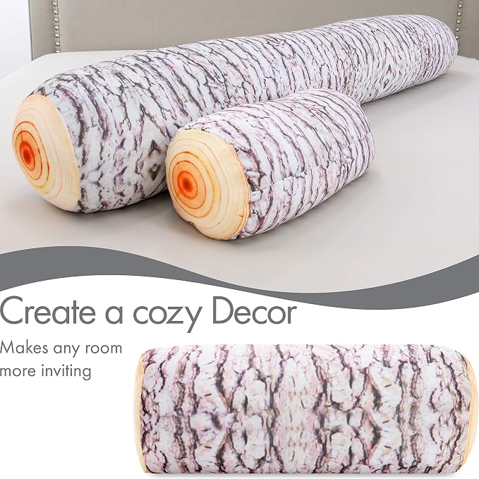 PILLOWY Microbead Log Roll Pillow - Bolster Tube Pillow Cushion Perfect Therapy Pillow - Airy Squishy Soft Bead Bag Bed Room Decoration, Neck Pillow Back Head Body Support, 14" X 8", Timber