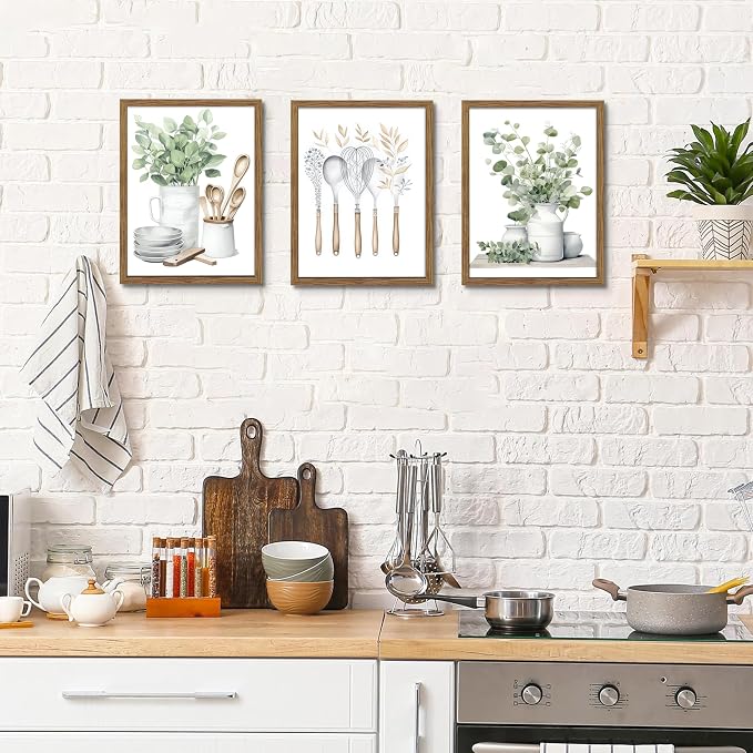Sage Green Kitchen Canvas Wall Art Set of 3 – Framed Minimalist Eucalyptus Leaves Wall Decor Artwork, Modern Dining Room Plant Pictures Poster Prints for kitchen Home Decoration – 16x24in