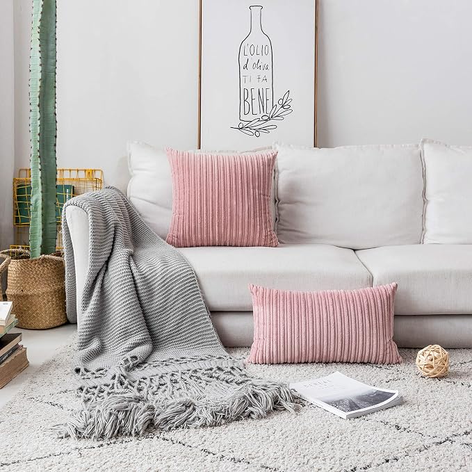 UGASA 14x20 Inch Pillow Cover Pack of 1 Soft Boho Stripe Corduroy Long Rectangular Lumbar Cushion Cover Farmhouse Decorative Throw Pillowcase for Bed, Couch, Sofa, Bedroom, Living Room, Baby Pink