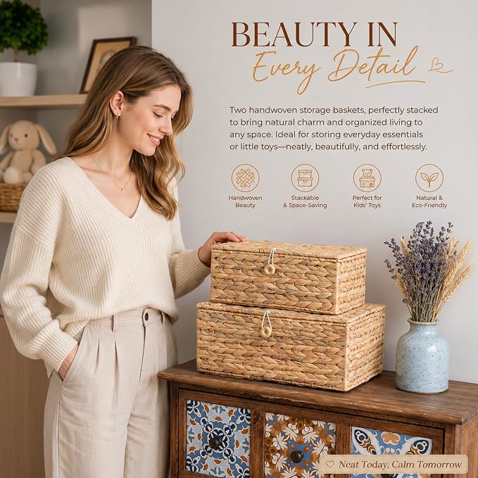 LUSYDECO Set of 2 Rectangular Wicker Storage Bins with Lid, Rattan Basket Decorative Boxes, Multipurpose Organizer Display Boxes for Shelf Organizer, Boho Rattan Box for Home Decoration