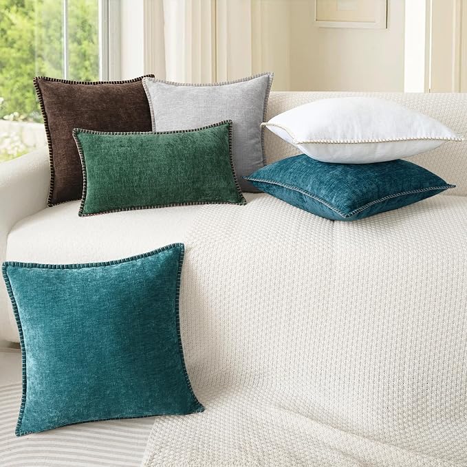 CaliTime Decorative Couch Throw Pillow Covers 24 X 24 Inches Teal | Pack of 2, Cozy Chenille Cushion Cases, Cotton Thread Stitching Edges, for Sofa Bed Living Room Farmhouse