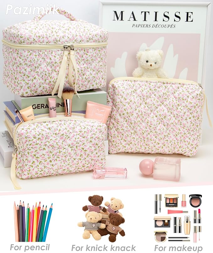 3PCS Makeup Bag SET Large Travel Quilted Zipper Soft Cosmetic Case Pouch for Women Girls Make Up,Floral Pink