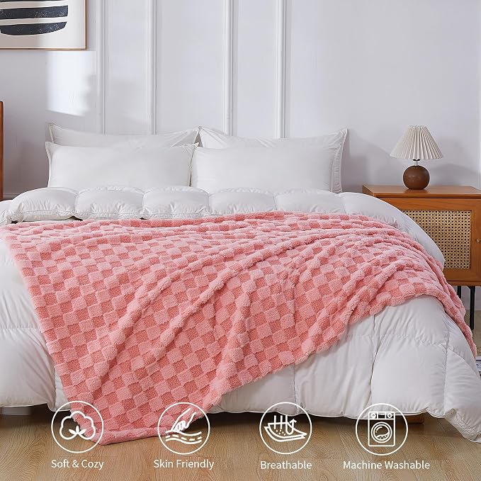 Luxury 3D Checkered Throw Blanket Reversible Thick Warm Blankets for Couch | Soft Velvet Flannel Fuzzy Plush Gift for Women