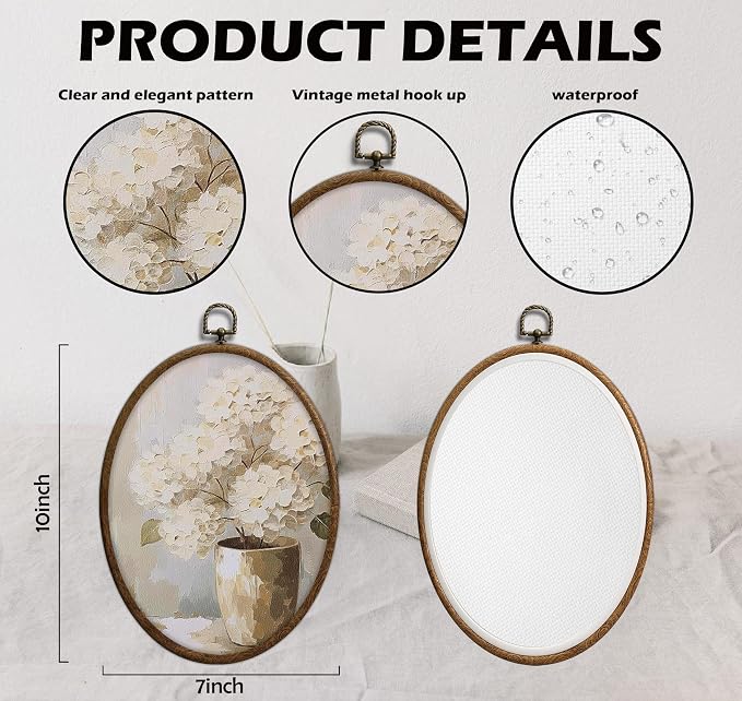 Vintage White Hydrangea Oval Wall Art, Spring Floral Flowers Oval Framed Wall Art, Waterproof Cottage Core Home Decor for Western Farmhouse Bedroom Living Room, Home Retro Decor Products, 10
