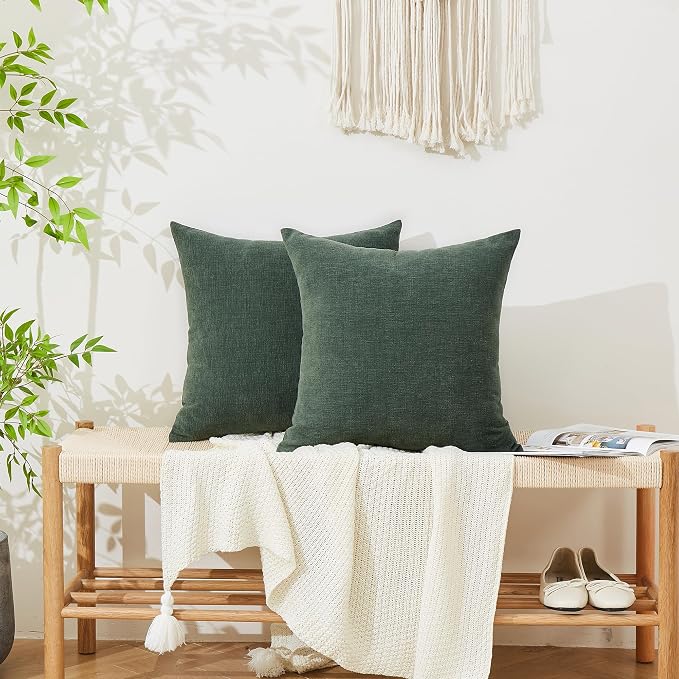 GAWAMAY Decorative Chenille Throw Pillow Covers 26"x26" Inch Pack of 2, Soft Square Couch Pillow Cover for Sofa Cushion Living Room Bedroom Solid Oversized Pillowcases Dark Green 66x66cm (NO Insets)