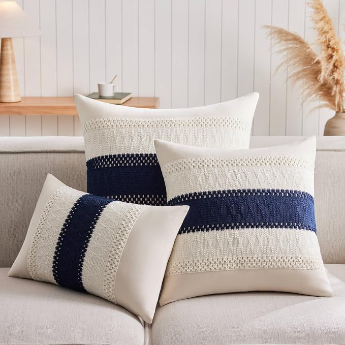 2 Pack Boho Throw Pillow Covers, Contrast Navy Blue 16x16in | Soft Breathable Cotton, Farmhouse Decorative Couch Pillow Cases, Cushion Covers for Sofa Bed Living Room Home Decor