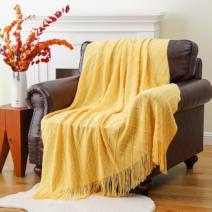 BATTILO HOME Mustard Throw Blanket with Fringe Geometric Bed Gold Yellow Throws Breathable Decorative Large Throw for Couch Sofa Indoor Outdoor (Mustard, 50"x60")