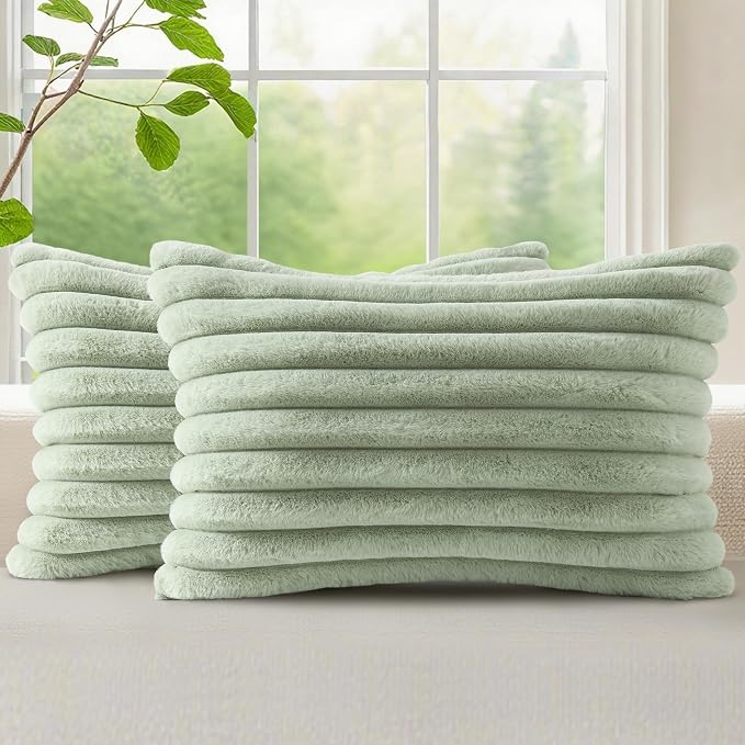 decorUhome Fall Faux Fur Throw Pillow Covers 12x20 Set of 2 Sage Green | Decorative Soft Cozy Striped Plush Modern Farmhouse Boho Couch Pillow Cases Velvet Back for Sofa Bed Living Room Home Decor