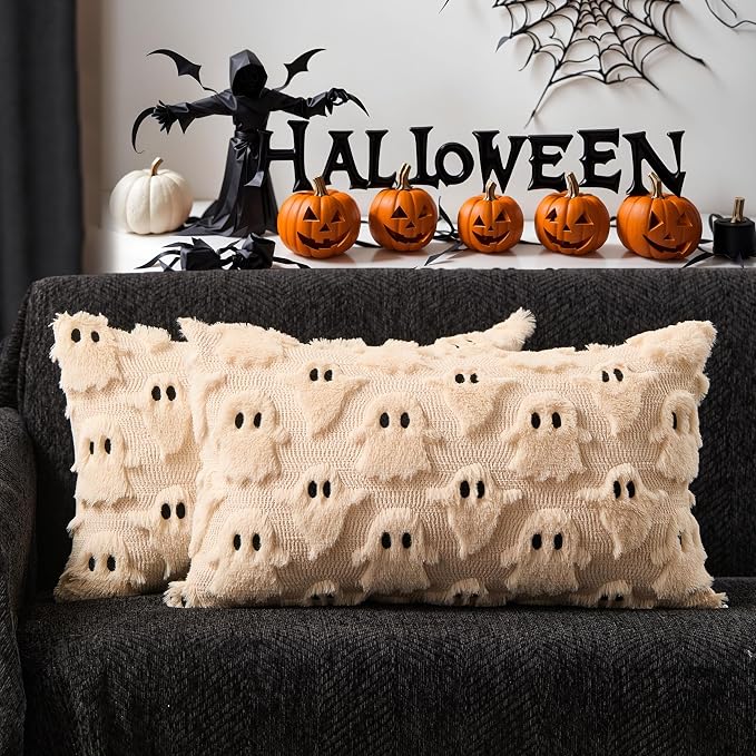 DFXSZ Halloween Pillow Covers 12x20 inch 2Pcs Beige Ghost Halloween Decor | Halloween Decorations Set of 2 Throw Pillow Cases Plush Faux Fur Wool Cushion for Chair Sofa Bedroom Living Room Home Decor