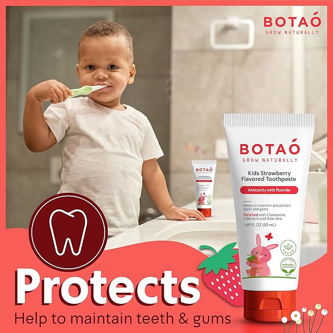 BOTAO Kids Toothpaste | Natural Strawberry Flavored Anticavity Fluoride Toothpaste Maximum Cavity Protection| EWG Verified, Vegan, SLS Free, Safe to Swallow, Aloe Vera (2Pack)