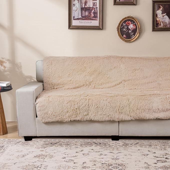 Dogs/Cats Bed Mats, Dog Pad Washable Removable Couch Cover with Anti-Slip Back, Plush Long Fur Mat, Perfect for Small, Medium and Large Dogs.(Beige, 52"x82")