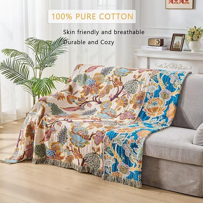 Boho Throw Blanket Farmhouse Decor Throw Blanket Bohemian Blanket for Bed 100% Cotton Muslin Woven Couch Blanket All Seasons Quilt Bedroom (E-Beige, 50"x60")