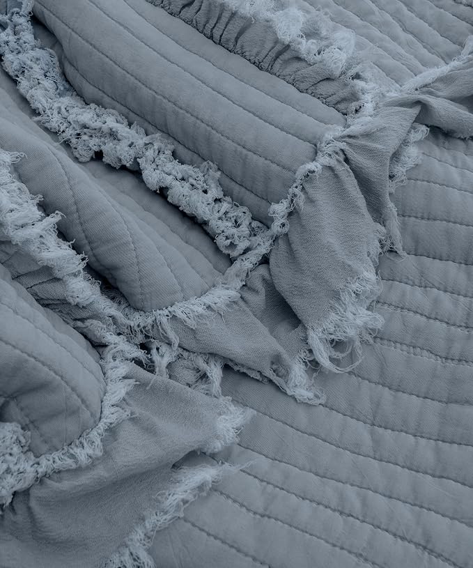 Ultra Soft Pre-Washed Quilted Throw Blanket, Ruffle Fringed Dark Blue Decorative Throw, Stone Washed Chic Rustic Blanket for Sofa Couch Bed Chair, 50"x 60"