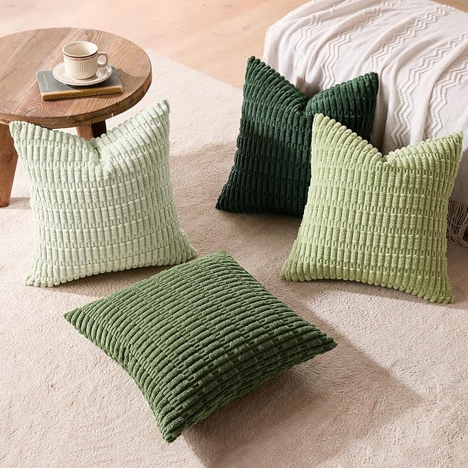 MIULEE Pack of 4 Corduroy Throw Pillow Covers 18x18 Inch Forest Green | Neutral Rustic Farmhouse Boho Soft Striped Pillow Covers,Home Decor for Sofa,Living Room,Couch,Bed