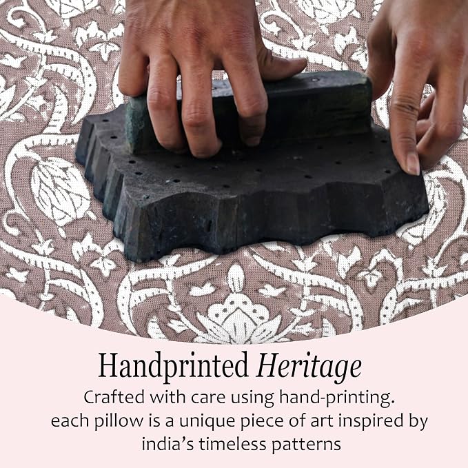 CPC Mocha Regal Hand Block Print 100% Cotton Ruffle Throw Pillow Cover 24x24 inch with Hidden Zipper Decorative for Couch, Bed, Sofa, Farmhouse, Cottagecore Decor Gift Christmas Fall Thanksgiving