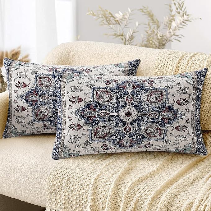 Boho Throw Pillow Covers 12x20 inch Set of 2,Soft Pillowcases Bohemia Carpet Printing Pattern Decorative Sofa Living Room Bed Rectangle Pillow Case Cushion Cover-Blue Cyan