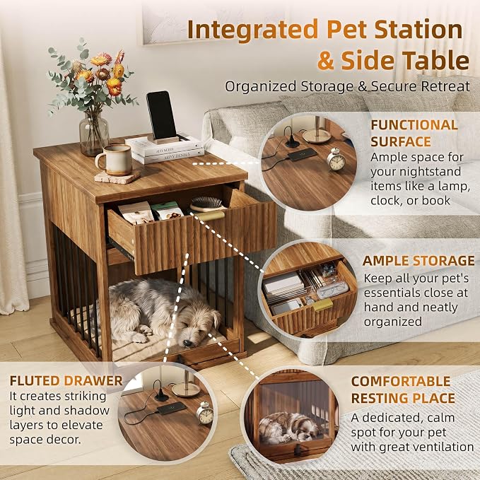 Dog Crate Furniture,Wooden Dog Kennel End Table,Walnut