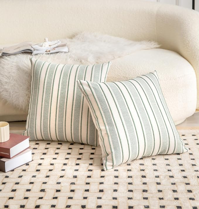 Cethom Decorative Boho Throw Pillow Covers, Farmhouse Textured Pillow Case, 18 x 18 Inch Set of 2, Chair Sofa Bedroom Living Room Home Decor Couch Cushion Case, Green and Beige Striped